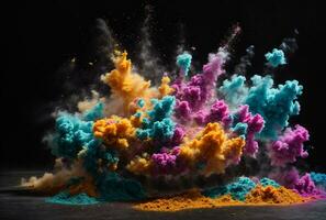 Abstract powder splatted background. Colorful powder explosion on white background. Colored cloud. Colorful dust explode. Paint Holi. AI generated photo