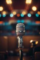 Retro microphone on stage. AI generated photo