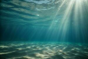 underwater background deep blue sea and beautiful light rays with sandy floor. AI generated photo