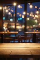 Empty wooden table top with lights bokeh on blur restaurant background.. AI generated photo