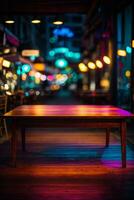 Wooden table, blurred bokeh background background. Neon light, night view, close-up. The general background of the interior, a dark background.. AI generated photo