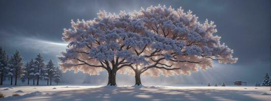 Beautiful tree in winter landscape in late evening in snowfall. AI generated photo