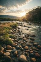 forest river with stones on shores at sunset. AI generated photo