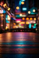 Wooden table, blurred bokeh background background. Neon light, night view, close-up. The general background of the interior, a dark background.. AI generated photo