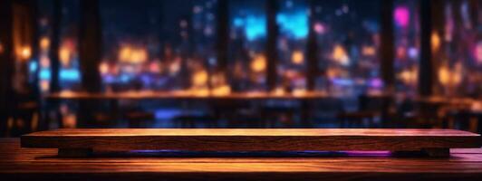 Wooden table, blurred bokeh background background. Neon light, night view, close-up. The general background of the interior, a dark background.. AI generated photo