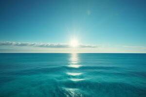 Blue ocean panorama with sun reflection, The vast open sea with clear sky, Ripple wave and calm sea with beautiful sunlight. AI generated photo