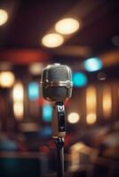 Retro microphone on stage. AI generated photo