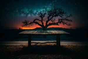 antiguo madera mesa y silueta muerto árbol a noche para Víspera de Todos los Santos fondo.. ai generado foto