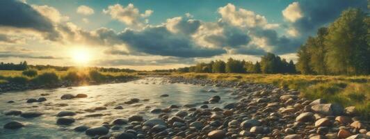 bosque río con piedras en costas a puesta de sol. ai generado foto