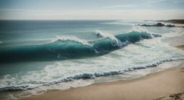 hermosa arenoso playa y suave azul Oceano ola. ai generado foto