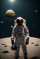 Spaceman and planet, human in space concept. AI generated photo