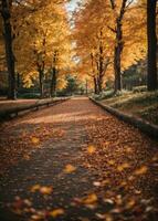 Beautiful autumn landscape with. Colorful foliage in the park. Falling leaves natural background. AI generated photo
