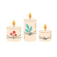 Cute decorative wax candles with leaf and viburnum. vector