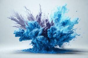 Abstract blue dust explosion on white background. Freeze motion of blue powder splash. Painted Holi in festival.. AI generated photo