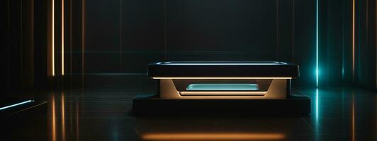 Futuristic dark podium with light and reflection background. AI generated photo