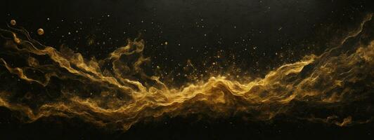 Abstract magic gold dust background over black. Beautiful golden art widescreen background. AI generated photo