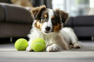 Dog taking off his leash and playing with green ball photo