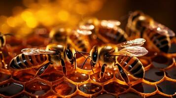 Bees occupying honeycombs in the early morning photo