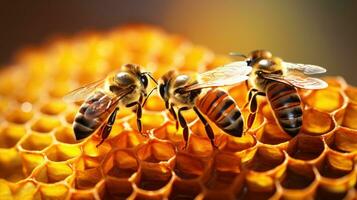 Bees occupying honeycombs in the early morning photo