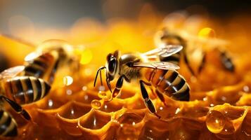 Bees occupying honeycombs in the early morning photo