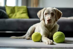 Dog taking off his leash and playing with green ball photo