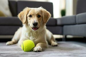 Dog taking off his leash and playing with green ball photo