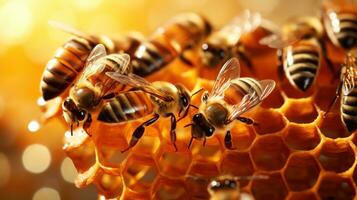 Bees occupying honeycombs in the early morning photo