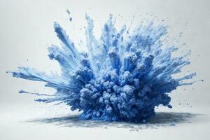 resumen azul polvo explosión en blanco antecedentes. congelar movimiento de azul polvo chapoteo. pintado holi en festival.. ai generado foto
