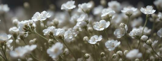 Gypsophila dry little white flowers light macro. AI generated photo