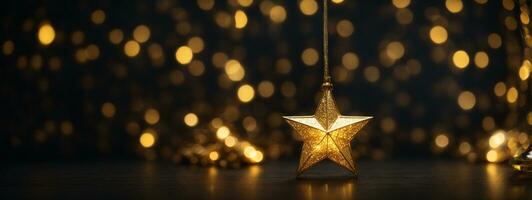 Gold star light hanging on dark background. AI generated photo