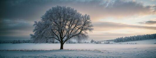 hermosa árbol en invierno paisaje en tarde noche en nevada. ai generado foto