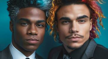 Close Up Portrait of Two Men With Multicolored Hair photo