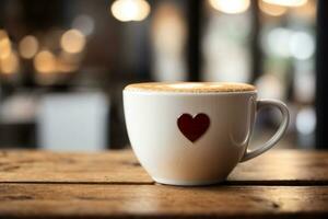 Close up white coffee cup with heart shape latte art on wood tab. AI generated photo