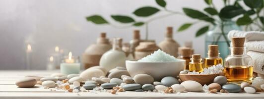 beauty treatment items for spa procedures on white wooden table. massage stones, essential oils and sea salt. copy space. AI generated photo