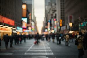 Defocused blur across urban buildings in New York City. AI generated photo