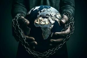 World globe in chain hands. Generate Ai photo