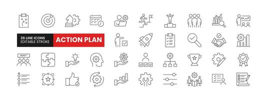 Set of 36 Action Plan line icons set. Action Plan outline icons with editable stroke collection. Includes Check, Objective, Strategy, Analysis, Schedule, and More. vector