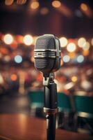 Retro microphone on stage. AI generated photo