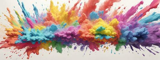 colorful rainbow holi paint color powder explosion isolated white wide panorama background. AI generated photo