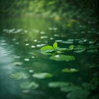 verde hojas reflejando en el agua, superficial enfocar. ai generado foto