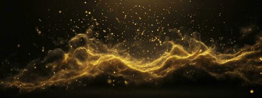 Abstract magic gold dust background over black. Beautiful golden art widescreen background. AI generated photo