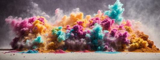 Abstract powder splatted background. Colorful powder explosion on white background. Colored cloud. Colorful dust explode. Paint Holi. AI generated photo