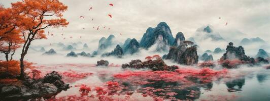 Chinese ink and water landscape painting. AI generated photo