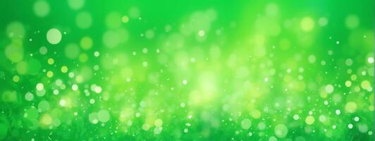 Spring background, abstract banner, green blurred bokeh lights. AI generated photo