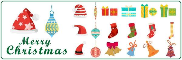 Christmas icons of gingerbread Santa hat candy reindeer sledge tree decoration snowman socks bell hand gloves chocolate stars gifts present snowflakes. vector