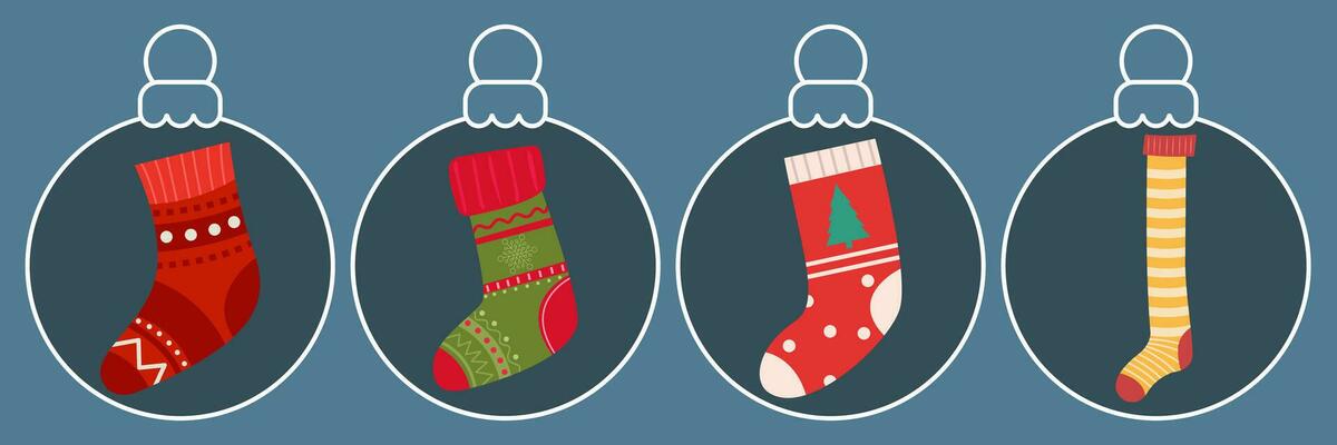 Set of colorful Christmas socks. Vector happy new year illustration.