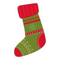 Empty christmas sock stocking isolated on white. Decorative red sock with white fur and patches. Vector illustration.