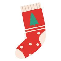 Empty christmas sock stocking isolated on white. Decorative red sock with white fur and patches. Vector illustration.