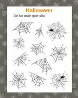 Find two similar Halloween spider webs educational activity for children, outline hand drawn vector illustration of puzzle game, simple cartoon doodle fancy insect worksheet