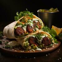 Tortilla wrap with falafel and vegetables on black background Generative AI photo